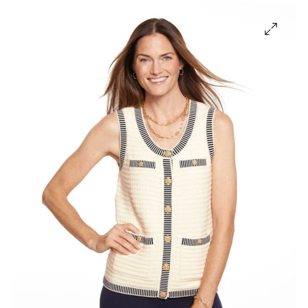 Talbots sweater Knit Vest with Black Trim gold button accents size large cotton